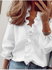 Blouse Shirt V Neck Lettuce Trim Plain Modern V Neck Regular Spring & Fall Green Blue White Orange for Women