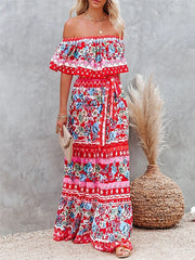 Boho Dress Beach Dress Beach Wear Long Dress Maxi Dress Ruffle Print Boho Casual Floral Off Shoulder Short Sleeve Loose Fit Outdoor Daily Black White Spring Summer S M L XL for Women
