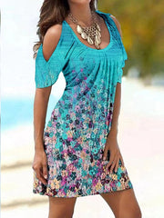 Beach Dress Beach Wear Mini Dress Cold Shoulder Print Hot Romantic Floral Crewneck Short Sleeve Regular Fit Vacation Going out Blue Purple Summer S M L XL for Women
