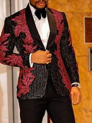 Black Red Blue Men's Party Prom Sequin Disco Sparkly Tuxedos 2 Piece Shawl Collar Leaf Tailored Fit Single Breasted One-button