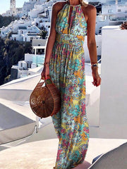 Boho Dress Long Dress Maxi Dress Halterneck Dress Green Blue Khaki Sleeveless Floral Cut Out Spring Summer High Neck S M L XL for Women