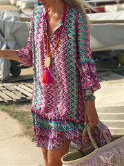 Beach Dress Beach Wear Midi Dress Print Modern Casual Color Block V Neck Long Sleeve Loose Fit Outdoor Daily Pink Summer Spring S M L XL for Women