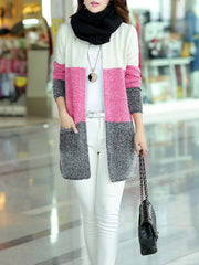 Color-block H-line Knitted Long Sleeve Cardigan