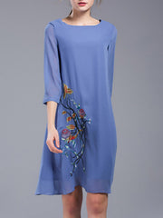 Blue Elegant Chiffon Embroidery Midi Dress