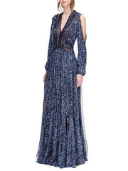 Blue Puff Sleeves Off-the-shoulder Maxi Dress