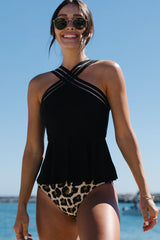 Criss Cross Front Leopard Print Cute Ruffle Tankini Set