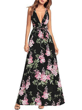 Deep V-neck Backless Printed Maxi Dresses