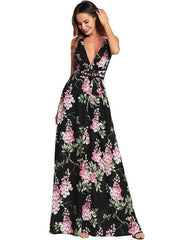 Deep V-neck Backless Printed Maxi Dresses