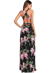 Deep V-neck Backless Printed Maxi Dresses