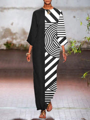 Black Shift Long Sleeve Geometric Crew Neck Dresses