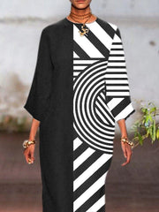 Black Shift Long Sleeve Geometric Crew Neck Dresses