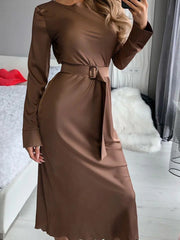 Women's Dresses Solid Belted Crew Neck Long Sleeve Dress Maxi Dresses