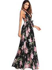 Deep V-neck Backless Printed Maxi Dresses