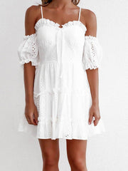 White A-Line Plain Spaghetti Sleeveless Dresses