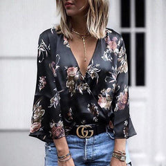 Deep V Neck Floral Printed Bell Sleeve Blouses