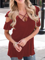 Women's T-Shirts V-Neck Crossover Off-Shoulder Short Sleeve T-Shirt