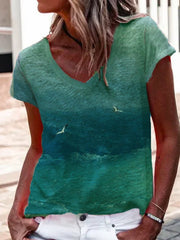 Cotton-Blend V Neck Short Sleeve Shirts & Tops