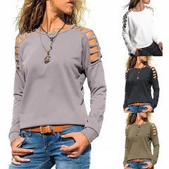 Round Neck Hollow Out Long Sleeve Plain T-Shirts