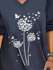 Vintage Long Sleeve Dandelion Printed V Neck Plus Size Casual Tops