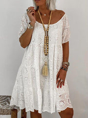 White Cotton-Blend Short Sleeve Casual Floral Shift Dresses