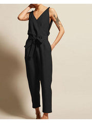 V-neck high waist belt casual jumpsuits