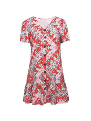 V Neck Single Breasted Printed Short Sleeve Casual Dresses