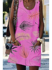 Round Neck Printed Sleeveless Casual Shift Dresses