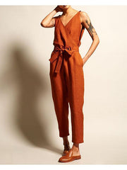 V-neck high waist belt casual jumpsuits