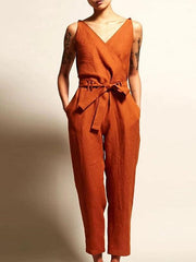 V-neck high waist belt casual jumpsuits