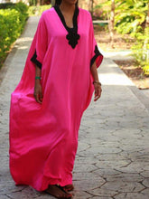 Deep Pink Holiday Plain Paneled V Neck Vacation Dresses