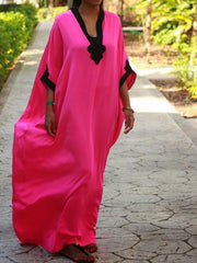 Deep Pink Holiday Plain Paneled V Neck Vacation Dresses