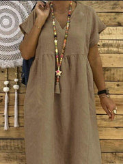 Deep Khaki V Neck Short Sleeve Dresses