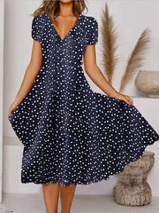 Deep Blue Short Sleeve V Neck A-Line Casual Dresses