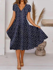 Deep Blue Short Sleeve V Neck A-Line Casual Dresses