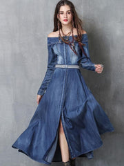 Embroidery Solid Color Sashes Slash Neck Long Sleeves Maxi Dresses