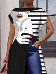 White Crew Neck Abstract Statement Shirts & Tops