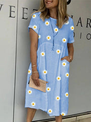 Blue Short Sleeve Holiday Linen Crew Neck Dresses