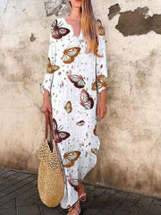 White V Neck Long Sleeve Animal Printed Dresses