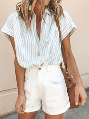 Loose Women Turn down Collar Stripe Summer Blouses
