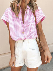 Loose Women Turn down Collar Stripe Summer Blouses