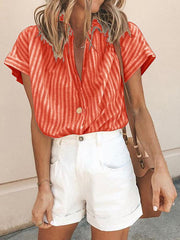 Loose Women Turn down Collar Stripe Summer Blouses