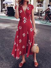 V-neck flower print floral short sleeve waist tie summer maxi dresses