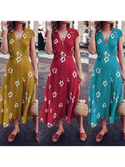 V-neck flower print floral short sleeve waist tie summer maxi dresses