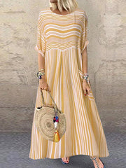 Casual striped mid-sleeve round collar pocket dresses