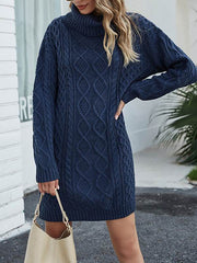 Loose sweater knit high neck shift dresses Cable- Knit sweater dresses