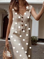 Wave Pot Women V neck Pocket Button Shift Dresses