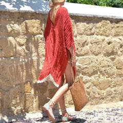 V-Neck Lace Stitching Bat Sleeve Casual Dresses