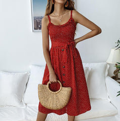Spaghetti Straps Dots Printed Button Belt Skater Dresses