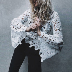 Crew Neck Cutout Crochet Plain Bell Sleeve Blouses