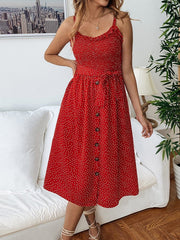 Spaghetti Straps Dots Printed Button Belt Skater Dresses